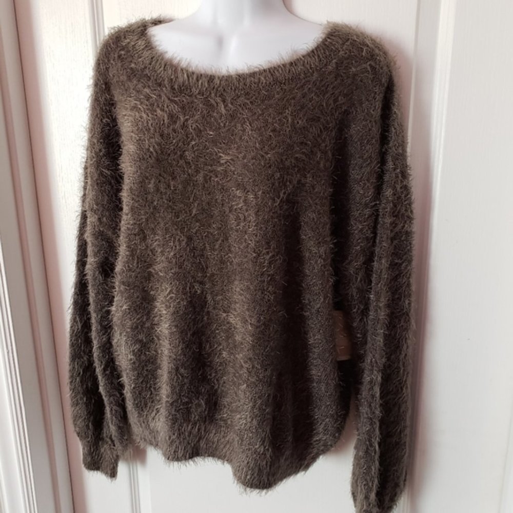 14th Union Eyelash Tie back Sweater Charcoal Brown Size Large